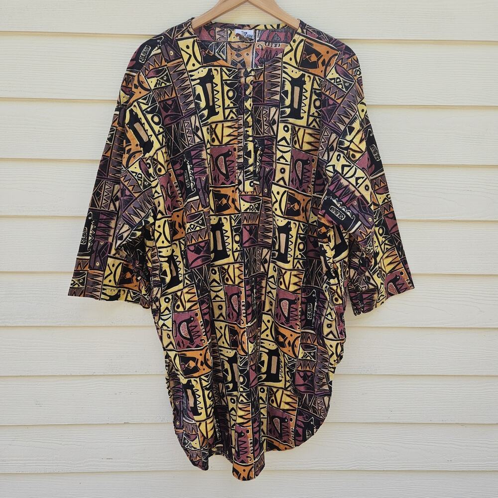 The African Village Dress OS Knee Length Kaftan Pockets 100%‎ Cotton Tribal
